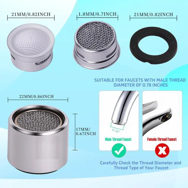 Alt view image 6 of 7 - Kitchen Faucet Aerator Replacement, Anti-Splash with Multi-Size Wrench, 10 Pack M24 (15/16") & 2 Pack M22 (55/64") Brass Aerators, Sink Aerator Kit for Kitchen & Bathroom