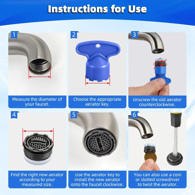 Alt view image 6 of 7 - 6PCS Sink Faucet Aerator M18.5 with 5PCS Removal Wrench Keys | Aerator Replacement, 18.5mm Male Thread Flow Restrictor for Kitchen & Bathroom Faucet