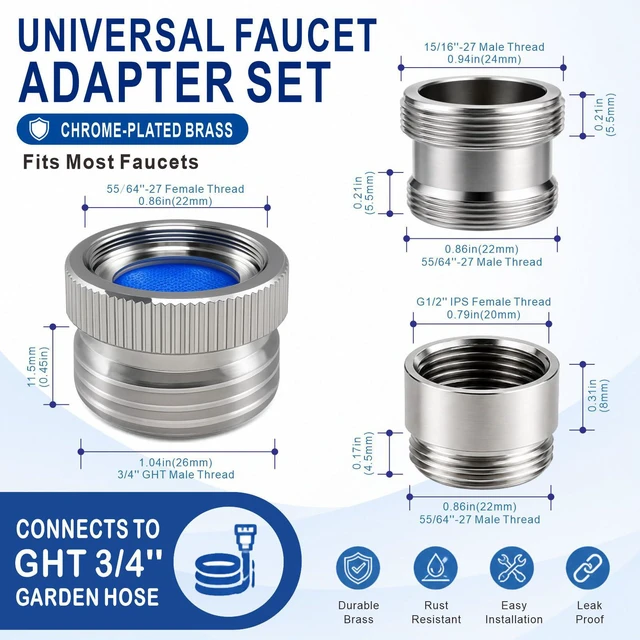 Alt view image 2 of 7 - Faucet Adapter with Aerator, Sink Faucet to Garden Hose Adapter | Chrome Brass Faucet to Hose Adapter, Fits G1/2" Female, 55/64" Female and 15/16" Male to 3/4" GHT, with Washers and PTFE Tape