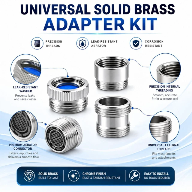 Alt view image 3 of 7 - Faucet Adapter with Aerator, Sink Faucet to Garden Hose Adapter | Chrome Brass Faucet to Hose Adapter, Fits G1/2" Female, 55/64" Female and 15/16" Male to 3/4" GHT, with Washers and PTFE Tape