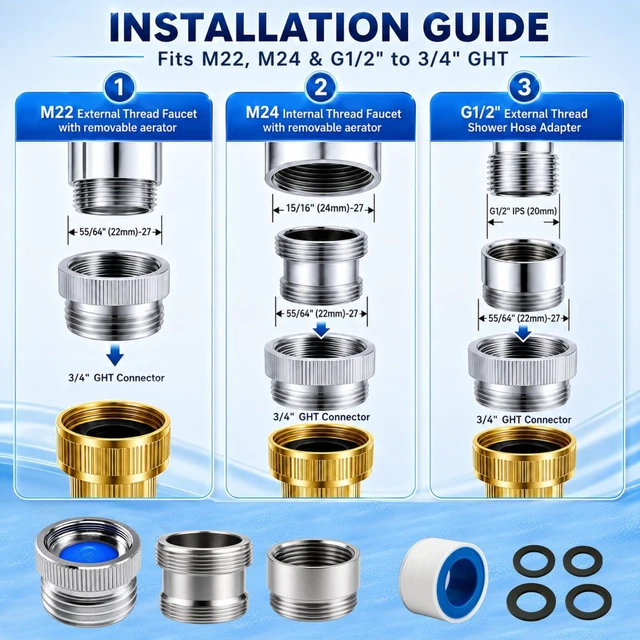 Alt view image 5 of 7 - Faucet Adapter with Aerator, Sink Faucet to Garden Hose Adapter | Chrome Brass Faucet to Hose Adapter, Fits G1/2" Female, 55/64" Female and 15/16" Male to 3/4" GHT, with Washers and PTFE Tape