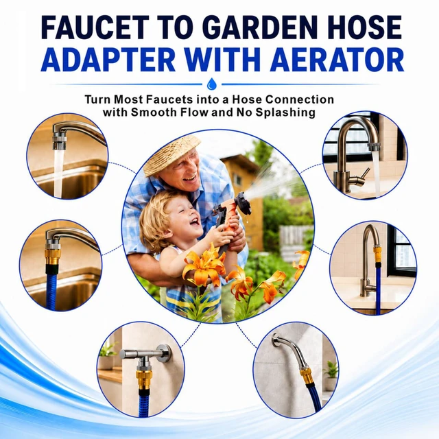 Alt view image 6 of 7 - Faucet Adapter with Aerator, Sink Faucet to Garden Hose Adapter | Chrome Brass Faucet to Hose Adapter, Fits G1/2" Female, 55/64" Female and 15/16" Male to 3/4" GHT, with Washers and PTFE Tape
