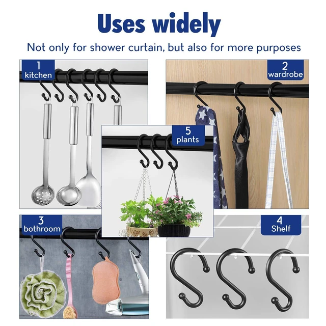 Alt view image 6 of 6 - Metal Shower Curtain HooksSet of 12 RingsRust Resistant S Shaped Hooks Hangers for Kitchen Utensils, Clothing, Towels, etc. (Black)