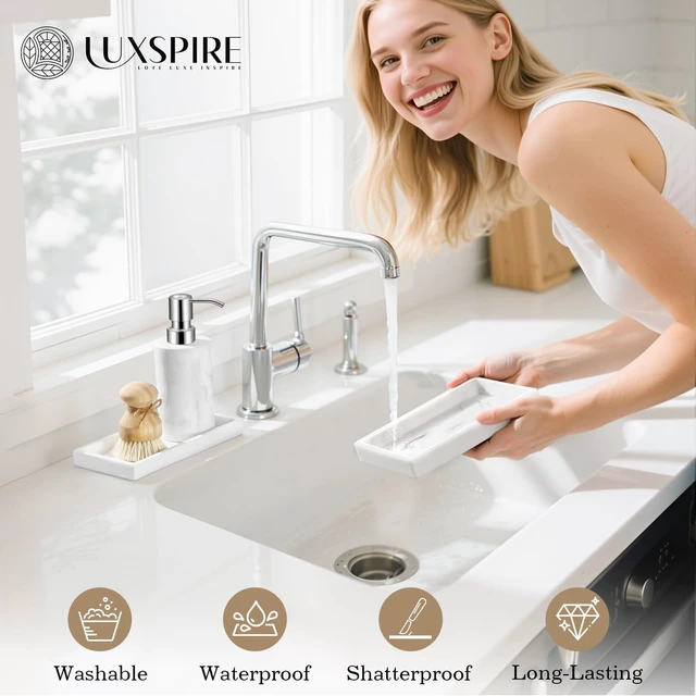 Alt view image 5 of 7 - 2 Pack Silicone Bathroom Tray 7.9" Vanity Tray, Marble White | Thick slip-proof silicone, dishwasher safe, waterproof, holds soap perfume jewelry for sink vanity decor