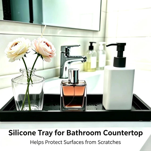 Alt view image 4 of 7 - 2Pcs CAYANLAKT Premium Non-Slip Rectangular Silicone Bathroom Vanity Tray | Waterproof Bathroom Counter Tray, Decorative Tray for Kitchen Sink, Soap Dispenser, Perfume, Toilet tank, 11.8 and 7.8IN