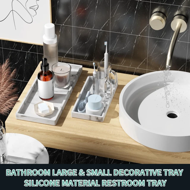 Alt view image 2 of 7 - 2PC Countertop Vanity Tray 7.8" & 11.8" Set Bathroom Tray Silicone | Silicone Soap Dispenser Tray Kitchen Sink Soap Tray Dish Soap Tray for Kitchen Counter Vanity Tray for Bathroom-Marble Design