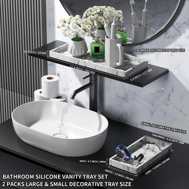 Alt view image 3 of 7 - 2PC Countertop Vanity Tray 7.8" & 11.8" Set Bathroom Tray Silicone | Silicone Soap Dispenser Tray Kitchen Sink Soap Tray Dish Soap Tray for Kitchen Counter Vanity Tray for Bathroom-Marble Design