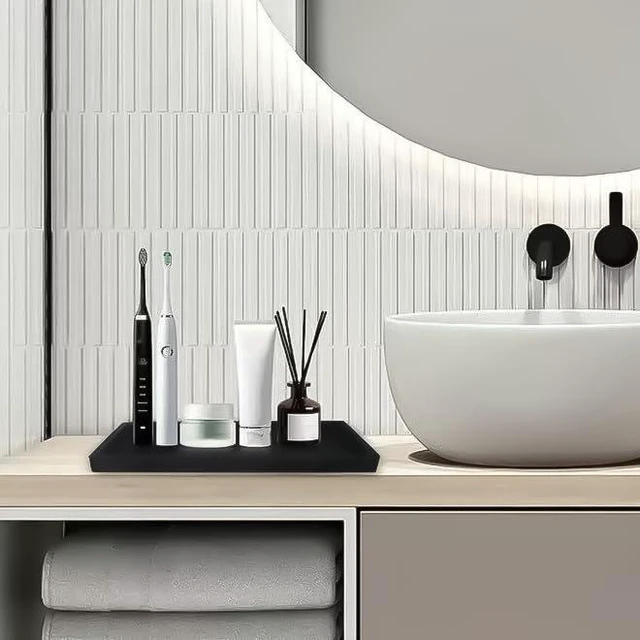Alt view image 6 of 7 - 2PCS 11.8 L x 5 W Silicone Soap Dispenser Tray, Bathroom Sink Vanity Trays for Dresser Tops, Toilet, Small Black Tray for Scrubber, Lotion Bottles, Perfume, Jewelry, Candle, Key Trinket Ring-Black