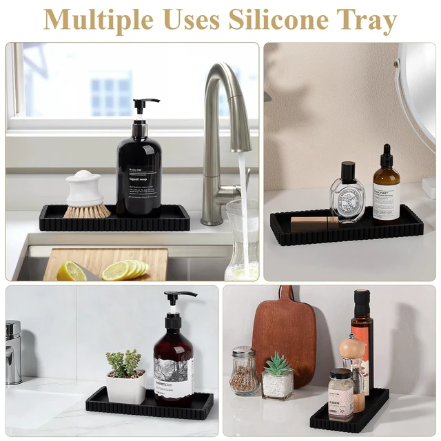 Alt view image 7 of 7 - Silicone Bathroom Tray Small Vanity Tray Kitchen Counter Decor, Black | Non Slip, Dishwasher Safe, for Dish Soap, Perfume, Candle, Sponge