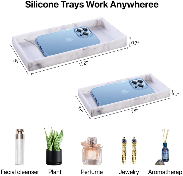 Alt view image 2 of 7 - Bathroom Vanity Tray, 11.8 x 5 Inch Silicone Kitchen Sink Tray for Perfume Soap Towel Bathroom Accessory for Soap Dispenser Bathroom Countertop Trays, M, White Marble