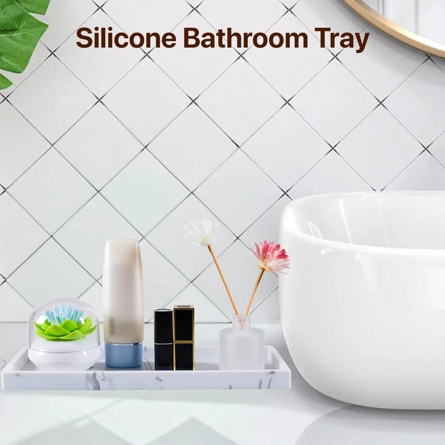 Alt view image 3 of 7 - Bathroom Vanity Tray, 11.8 x 5 Inch Silicone Kitchen Sink Tray for Perfume Soap Towel Bathroom Accessory for Soap Dispenser Bathroom Countertop Trays, M, White Marble
