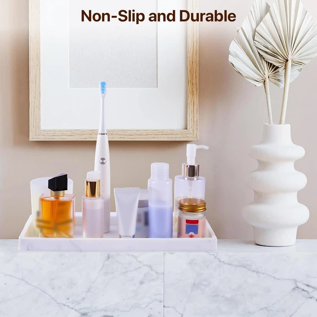 Alt view image 4 of 7 - Bathroom Vanity Tray, 11.8 x 5 Inch Silicone Kitchen Sink Tray for Perfume Soap Towel Bathroom Accessory for Soap Dispenser Bathroom Countertop Trays, M, White Marble