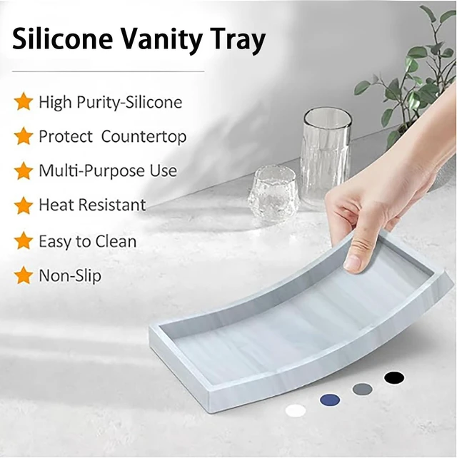 Alt view image 6 of 7 - Bathroom Vanity Tray, 11.8 x 5 Inch Silicone Kitchen Sink Tray for Perfume Soap Towel Bathroom Accessory for Soap Dispenser Bathroom Countertop Trays, M, White Marble