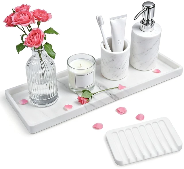 Main image of Bathroom Counter Marble Tray and Soap Holder 15.7x5.9 inch | Silicone Bathroom Vanity Trays, Marble Tray for Kitchen Counter, Toilet Tank Tray,Trays for Perfume, Jewelry,Candle, Key