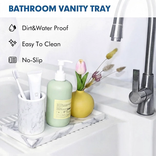 Alt view image 6 of 7 - Bathroom Counter Marble Tray and Soap Holder 15.7x5.9 inch | Silicone Bathroom Vanity Trays, Marble Tray for Kitchen Counter, Toilet Tank Tray,Trays for Perfume, Jewelry,Candle, Key