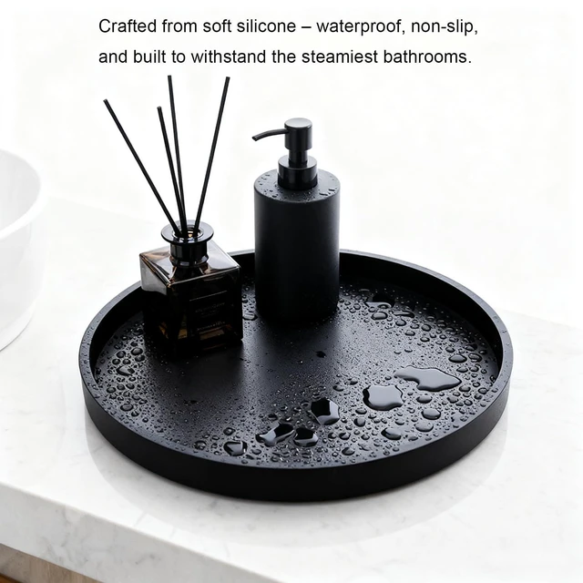 Alt view image 5 of 7 - Silicone Bathroom Tray, Round Vanity Tray, 9" Black | Nonslip, shatterproof. Perfect for soap, perfumes, candles & small essentials. Keeps counters neat.