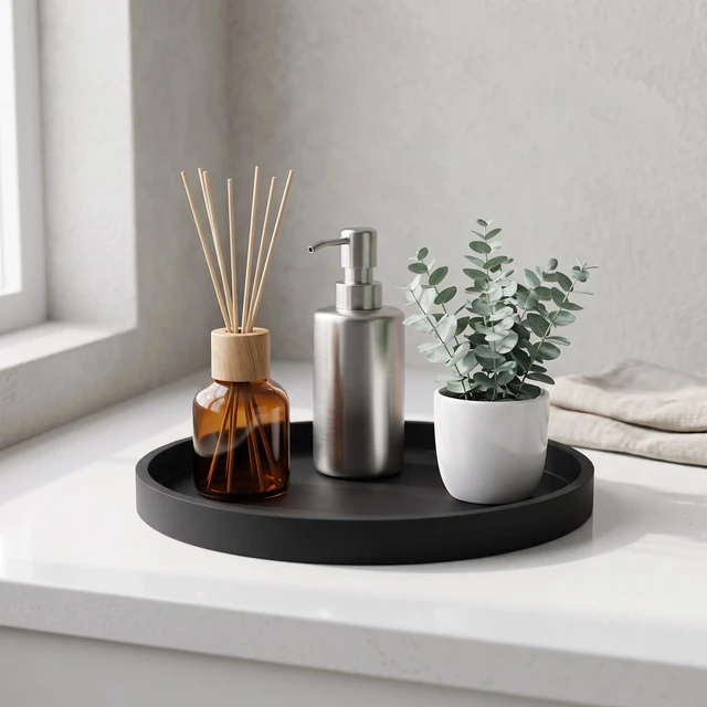 Alt view image 6 of 7 - Silicone Bathroom Tray, Round Vanity Tray, 9" Black | Nonslip, shatterproof. Perfect for soap, perfumes, candles & small essentials. Keeps counters neat.
