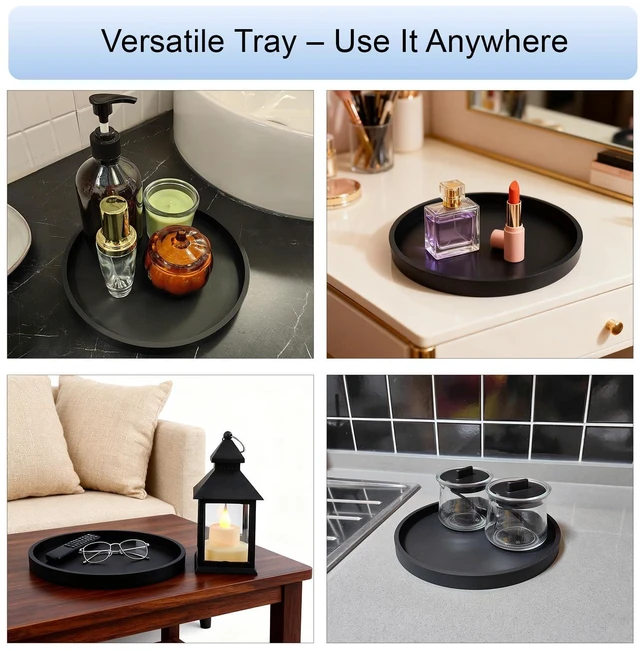 Alt view image 7 of 7 - Silicone Bathroom Tray, Round Vanity Tray, 9" Black | Nonslip, shatterproof. Perfect for soap, perfumes, candles & small essentials. Keeps counters neat.
