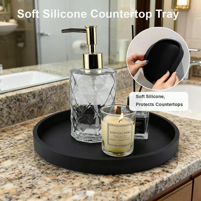 Alt view image 3 of 7 - Silicone Bathroom Tray, Round Vanity Tray, 9" Black | Nonslip, shatterproof. Perfect for soap, perfumes, candles & small essentials. Keeps counters neat.