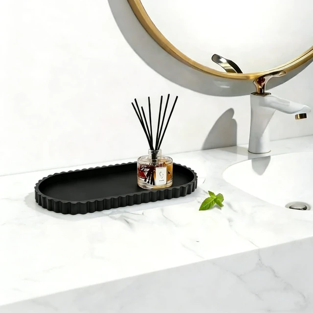 Alt view image 2 of 6 - Black Oval Silicone Bathroom Vanity Tray - Decorative Soap Holder, Countertop Organizer for Kitchen/Bathroom/Coffee Table - Storage for Candle, Perfume, Jewelry Decor,Small Plant & Toiletries