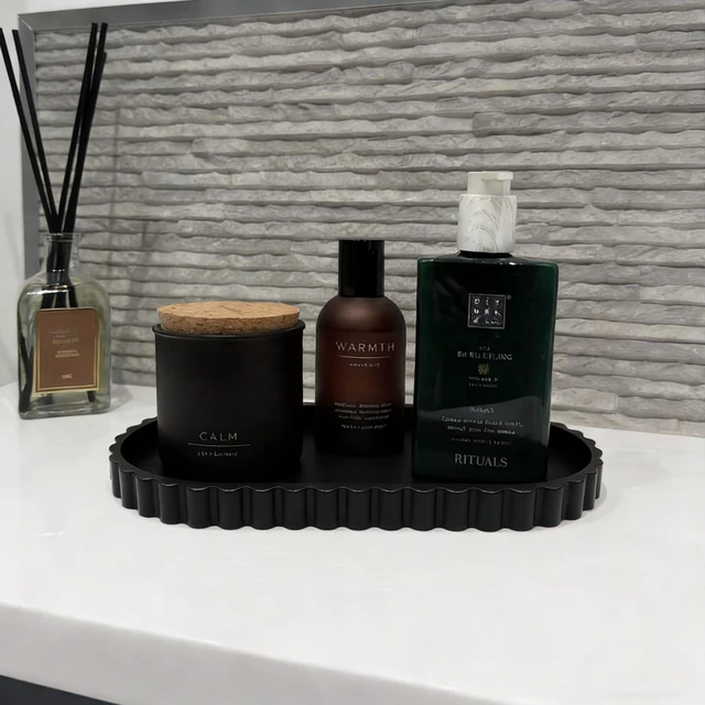 Alt view image 3 of 6 - Black Oval Silicone Bathroom Vanity Tray - Decorative Soap Holder, Countertop Organizer for Kitchen/Bathroom/Coffee Table - Storage for Candle, Perfume, Jewelry Decor,Small Plant & Toiletries