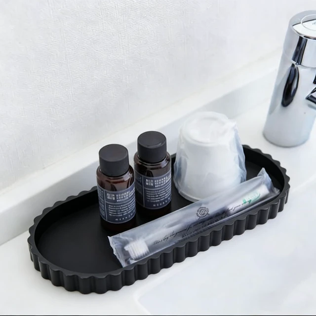 Alt view image 4 of 6 - Black Oval Silicone Bathroom Vanity Tray - Decorative Soap Holder, Countertop Organizer for Kitchen/Bathroom/Coffee Table - Storage for Candle, Perfume, Jewelry Decor,Small Plant & Toiletries