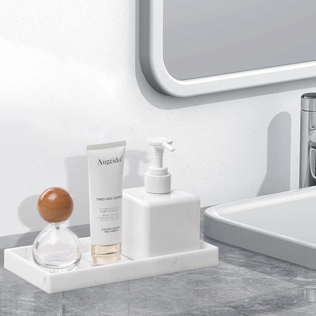 Alt view image 5 of 7 - Bathroom Vanity Tray, 7.9'' Silicone Kitchen Sink Soap Tray, Toilet Tank Desk Organizer, Perfume Tray, Coffee Table Tray (Marble White)