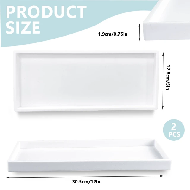 Alt view image 2 of 7 - 2 Pack Bathroom Tray Countertop, Large 12'' Shatterproof Silicone Vanity Tray Rectangular Toilet Tank Tray, Soap Dispenser Tray Sponge Holder for Kitchen Sink (White)