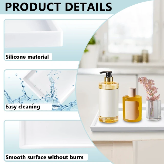 Alt view image 3 of 7 - 2 Pack Bathroom Tray Countertop, Large 12'' Shatterproof Silicone Vanity Tray Rectangular Toilet Tank Tray, Soap Dispenser Tray Sponge Holder for Kitchen Sink (White)