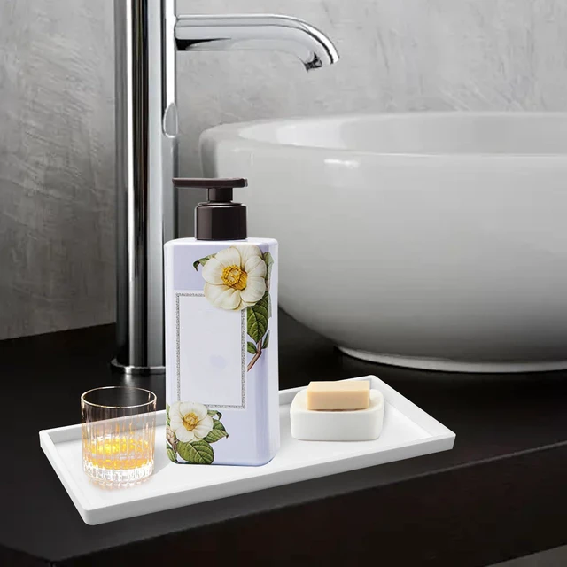 Alt view image 6 of 7 - 2 Pack Bathroom Tray Countertop, Large 12'' Shatterproof Silicone Vanity Tray Rectangular Toilet Tank Tray, Soap Dispenser Tray Sponge Holder for Kitchen Sink (White)