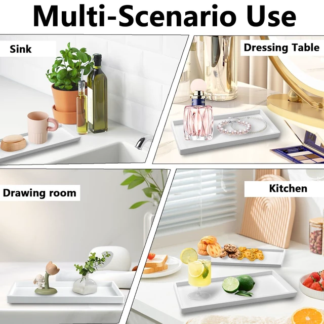 Alt view image 7 of 7 - 2 Pack Bathroom Tray Countertop, Large 12'' Shatterproof Silicone Vanity Tray Rectangular Toilet Tank Tray, Soap Dispenser Tray Sponge Holder for Kitchen Sink (White)