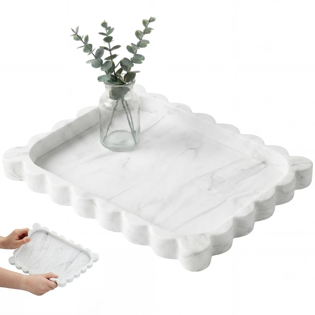 Main image of Silicone Bathroom Tray 11.5 x 8.7 Inch Scalloped Silicone Decorative Tray for Soap Dispenser Bottles, Bathroom, Dresser, Kitchen, Vanity, Home Decor, Marble Texture Design (White)