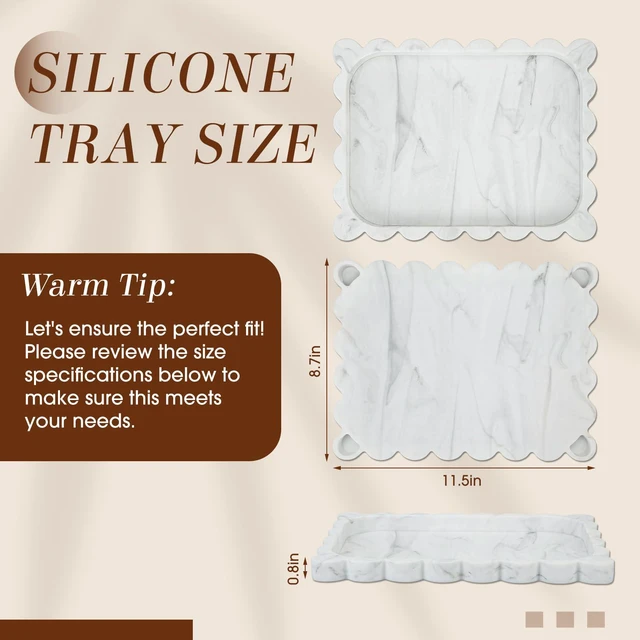 Alt view image 2 of 6 - Silicone Bathroom Tray 11.5 x 8.7 Inch Scalloped Silicone Decorative Tray for Soap Dispenser Bottles, Bathroom, Dresser, Kitchen, Vanity, Home Decor, Marble Texture Design (White)