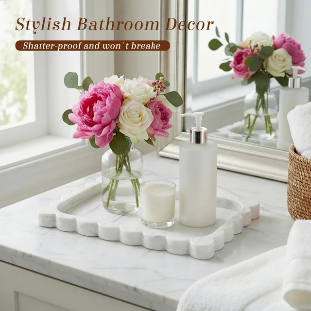 Alt view image 4 of 6 - Silicone Bathroom Tray 11.5 x 8.7 Inch Scalloped Silicone Decorative Tray for Soap Dispenser Bottles, Bathroom, Dresser, Kitchen, Vanity, Home Decor, Marble Texture Design (White)