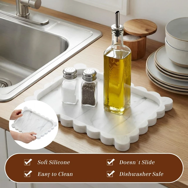 Alt view image 3 of 6 - Silicone Bathroom Tray 11.5 x 8.7 Inch Scalloped Silicone Decorative Tray for Soap Dispenser Bottles, Bathroom, Dresser, Kitchen, Vanity, Home Decor, Marble Texture Design (White)