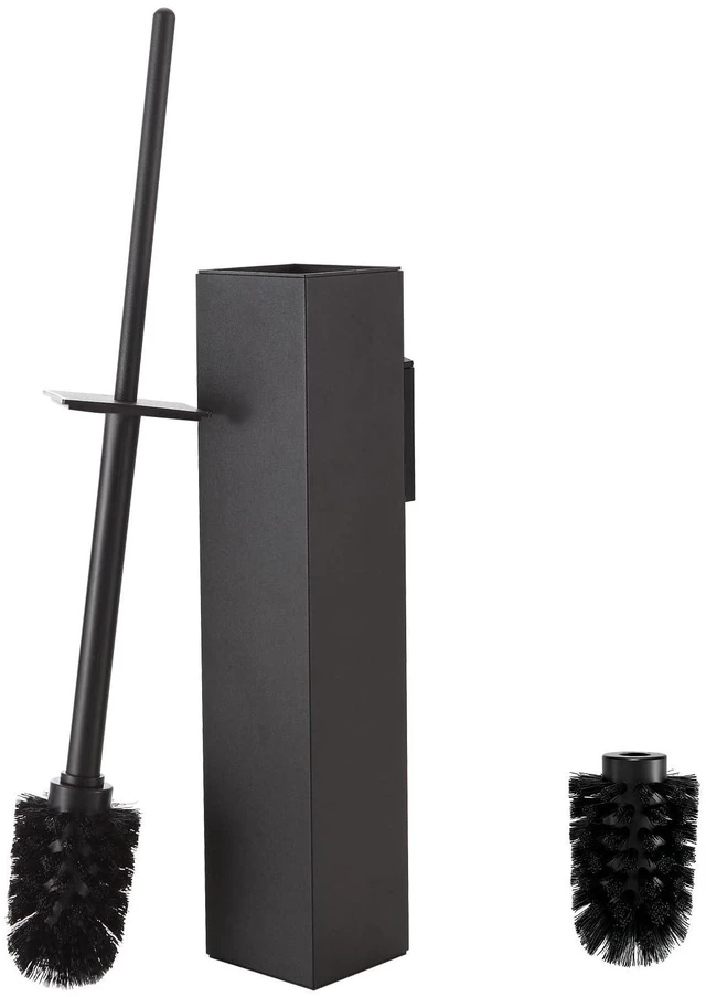 Main image of Toilet Brush and Holder Wall Mounted, Black Aluminum with 2 Replaceable Heads, Bathroom Toilet Brush, Drill or 3M Adhesive Mount, Removable Liner and Splash Guard, Modern Square Design