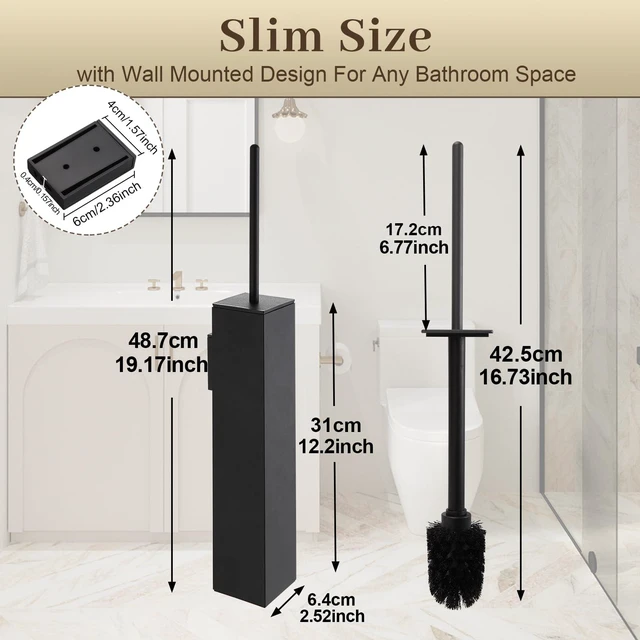 Alt view image 2 of 6 - Toilet Brush and Holder Wall Mounted, Black Aluminum with 2 Replaceable Heads, Bathroom Toilet Brush, Drill or 3M Adhesive Mount, Removable Liner and Splash Guard, Modern Square Design