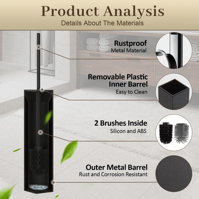 Alt view image 3 of 6 - Toilet Brush and Holder Wall Mounted, Black Aluminum with 2 Replaceable Heads, Bathroom Toilet Brush, Drill or 3M Adhesive Mount, Removable Liner and Splash Guard, Modern Square Design