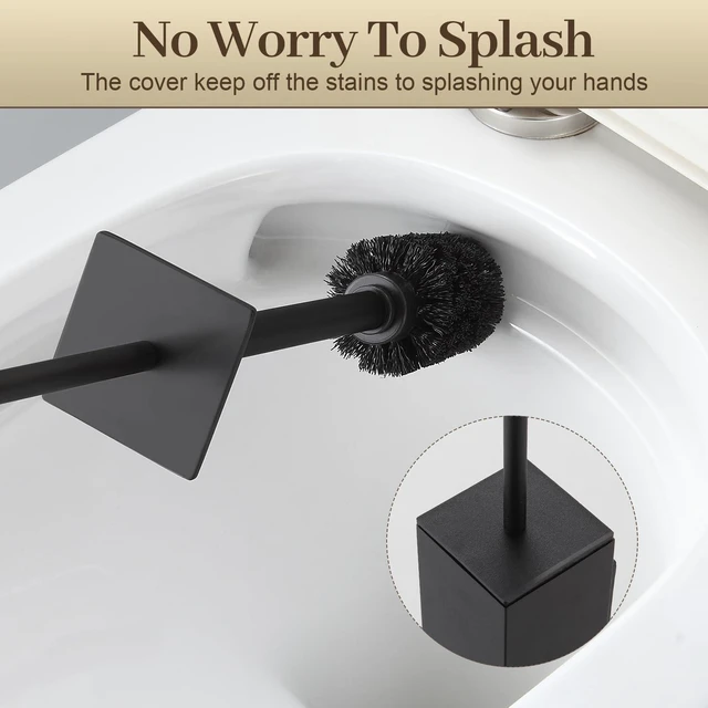 Alt view image 4 of 6 - Toilet Brush and Holder Wall Mounted, Black Aluminum with 2 Replaceable Heads, Bathroom Toilet Brush, Drill or 3M Adhesive Mount, Removable Liner and Splash Guard, Modern Square Design