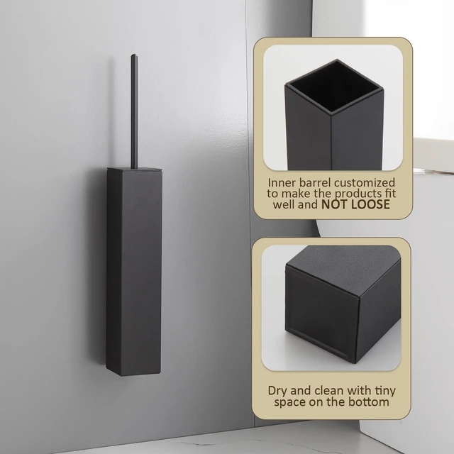 Alt view image 5 of 6 - Toilet Brush and Holder Wall Mounted, Black Aluminum with 2 Replaceable Heads, Bathroom Toilet Brush, Drill or 3M Adhesive Mount, Removable Liner and Splash Guard, Modern Square Design