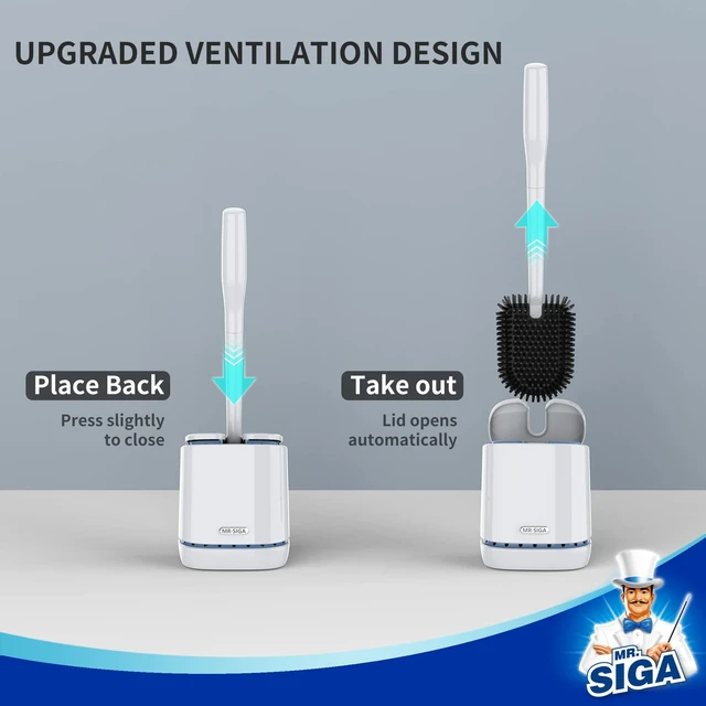 Alt view image 3 of 6 - Toilet Bowl Brush and Holder, Wall Mounted Toilet Brush, White | Automatic lid design, sturdy handle, upgraded ventilation, flexible thermoplastic rubber head, easy to clean and dry quickly