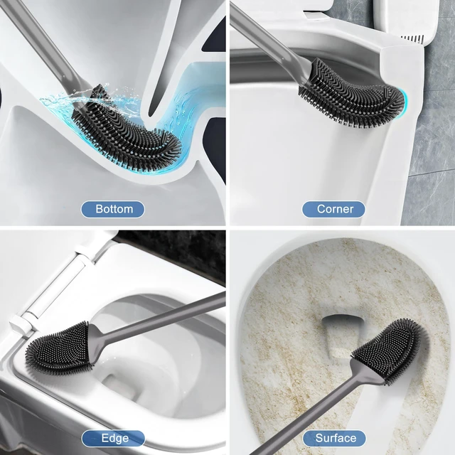 Alt view image 3 of 7 - Toilet Brush and Holder Set, Black Silicone Toilet Bowl Brush with Flexible Head, Ventilated Base, Wall Mount, Compact Bathroom Scrubber for RV and Home