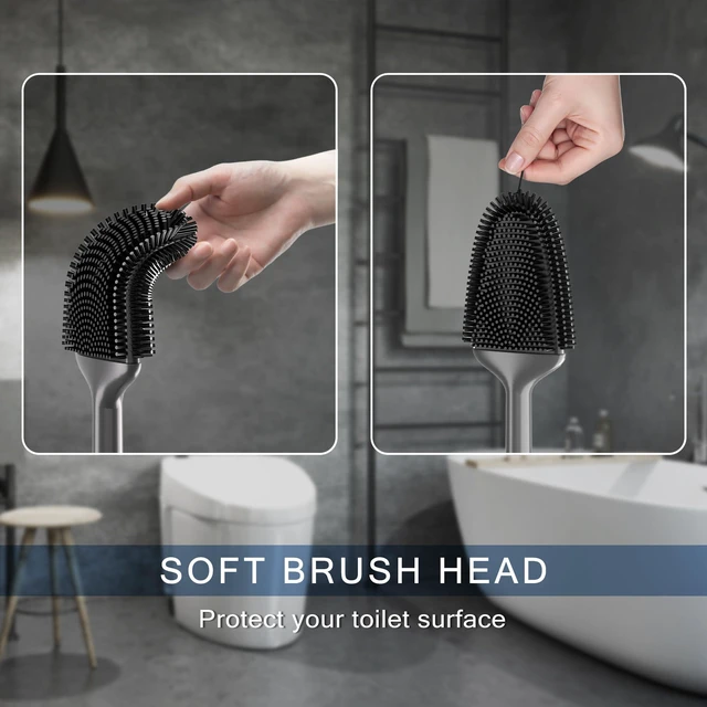 Alt view image 5 of 7 - Toilet Brush and Holder Set, Black Silicone Toilet Bowl Brush with Flexible Head, Ventilated Base, Wall Mount, Compact Bathroom Scrubber for RV and Home