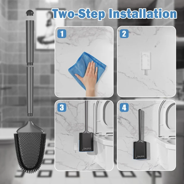 Alt view image 4 of 7 - Toilet Brush and Holder Set, Black Silicone Toilet Bowl Brush with Flexible Head, Ventilated Base, Wall Mount, Compact Bathroom Scrubber for RV and Home