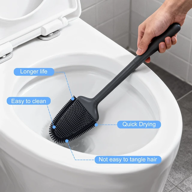 Alt view image 6 of 7 - Toilet Brush and Holder Set, Black Silicone Toilet Bowl Brush with Flexible Head, Ventilated Base, Wall Mount, Compact Bathroom Scrubber for RV and Home