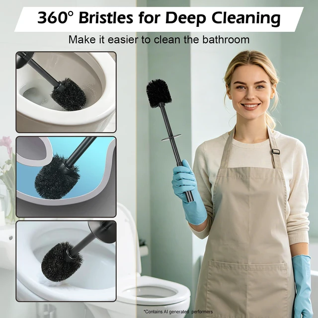 Alt view image 2 of 7 - Toilet Bowl Brush and Holder Long Handle Toilet Brush for Bathroom | Wall mount stainless steel toilet brush holder with a splash guard Easy to Clean for Domestic Deep Cleaning Under Rims,Black