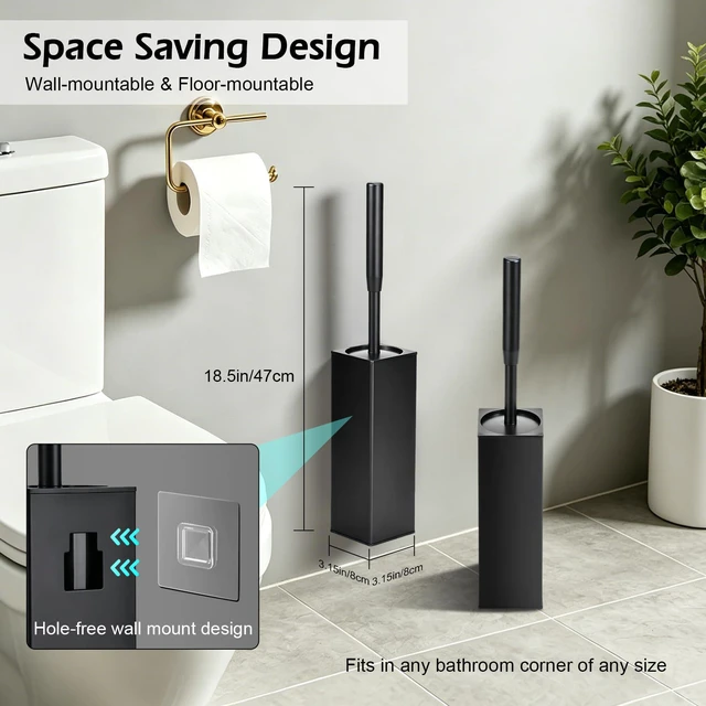 Alt view image 5 of 7 - Toilet Bowl Brush and Holder Long Handle Toilet Brush for Bathroom | Wall mount stainless steel toilet brush holder with a splash guard Easy to Clean for Domestic Deep Cleaning Under Rims,Black
