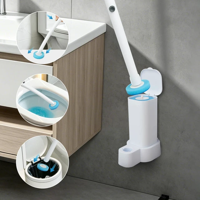 Alt view image 2 of 6 - Disposable Toilet Brush and Holder Set with 48 Refills, Square | Wall Mount Holder Design, Cleaning Wand Removes Limescale for Bathroom & Bathtub Sanitation