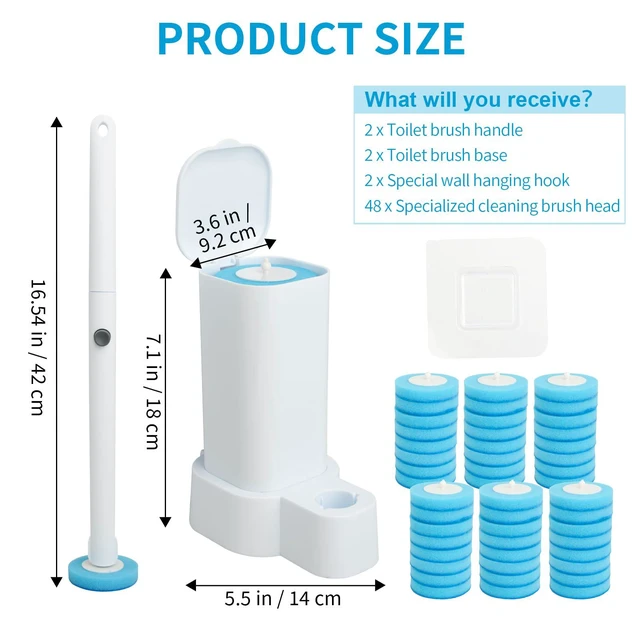 Alt view image 3 of 6 - Disposable Toilet Brush and Holder Set with 48 Refills, Square | Wall Mount Holder Design, Cleaning Wand Removes Limescale for Bathroom & Bathtub Sanitation