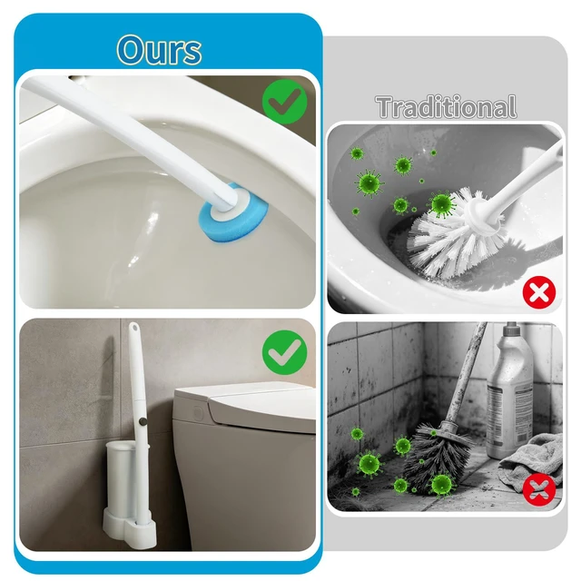 Alt view image 4 of 6 - Disposable Toilet Brush and Holder Set with 48 Refills, Square | Wall Mount Holder Design, Cleaning Wand Removes Limescale for Bathroom & Bathtub Sanitation